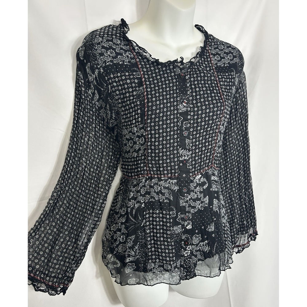 VTG Sheer Crinkle Patchwork Top Whimsigoth‎ Dark Victorian Goth Coquette Size S